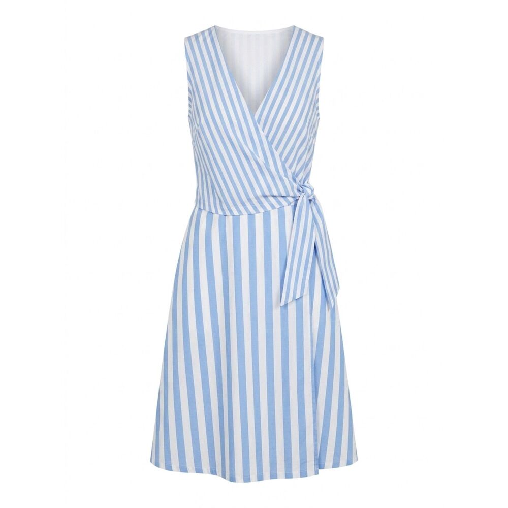 Sleeveless Blue & White Striped Wrap Midi Dress Tie Waist Size M